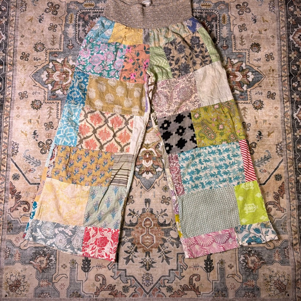 Earthbound Trading Patchwork Wide Leg Boho Pant Colorful Smocked Lounge Hippie M
